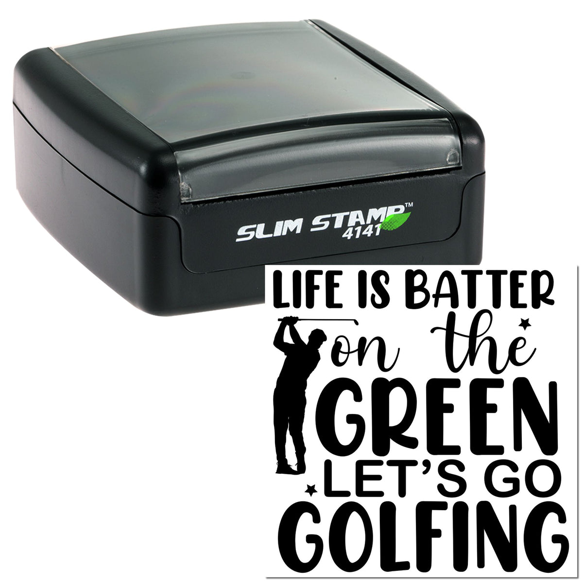 Black Slim Stamp 4141 self-inking stamp and custom golf-themed seal with bold black text on white background