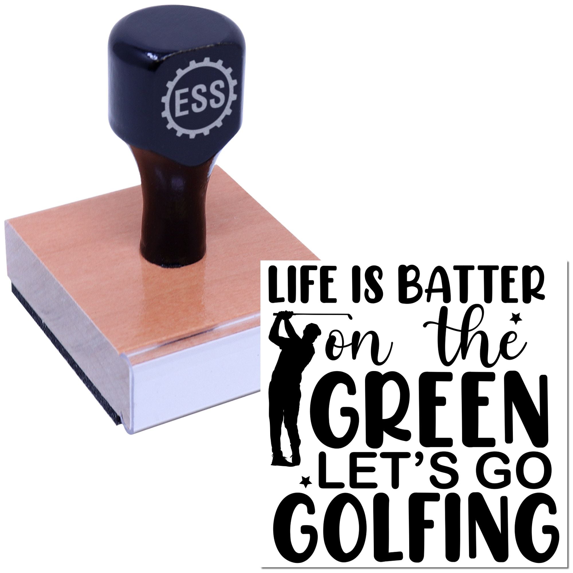 Black ESS custom stamp on pink seal block with Life is better on the green, lets go golfing golf design.
