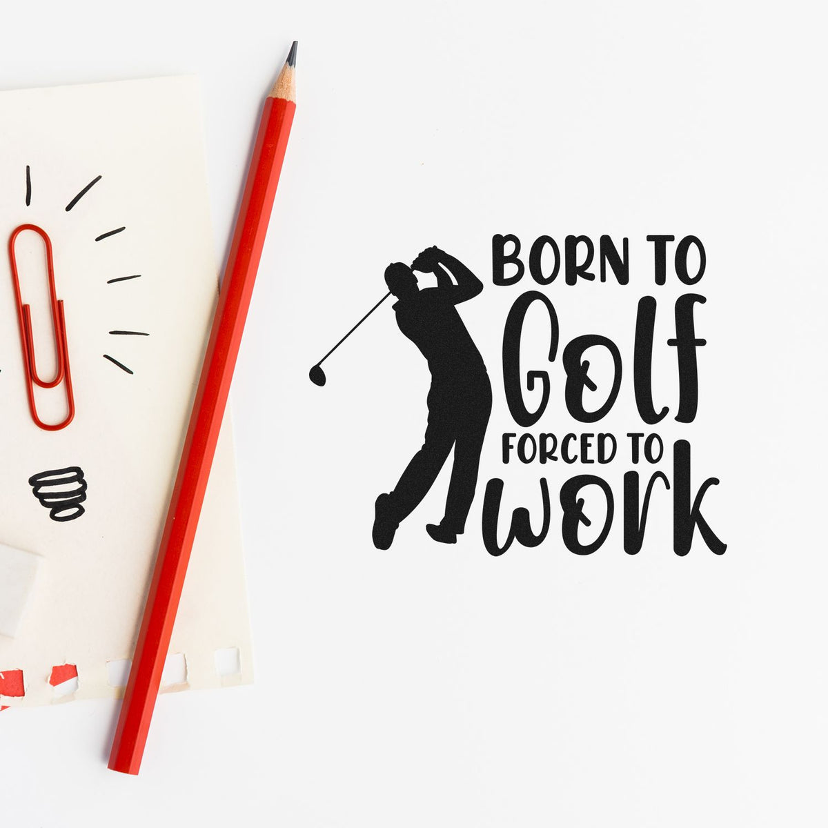 Golf-themed custom stamp and seal with black golfer silhouette, bold text on white, and a red pencil.