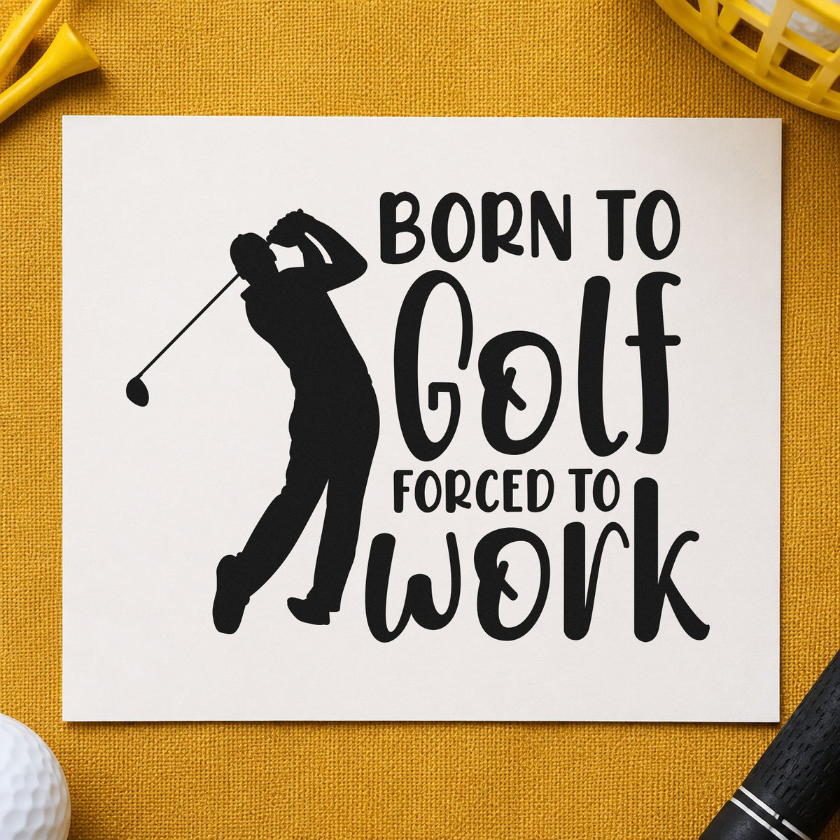 Born Golf Forced Work craft stamp imprint in black ink on a handmade project, one idea being desk gift tags.