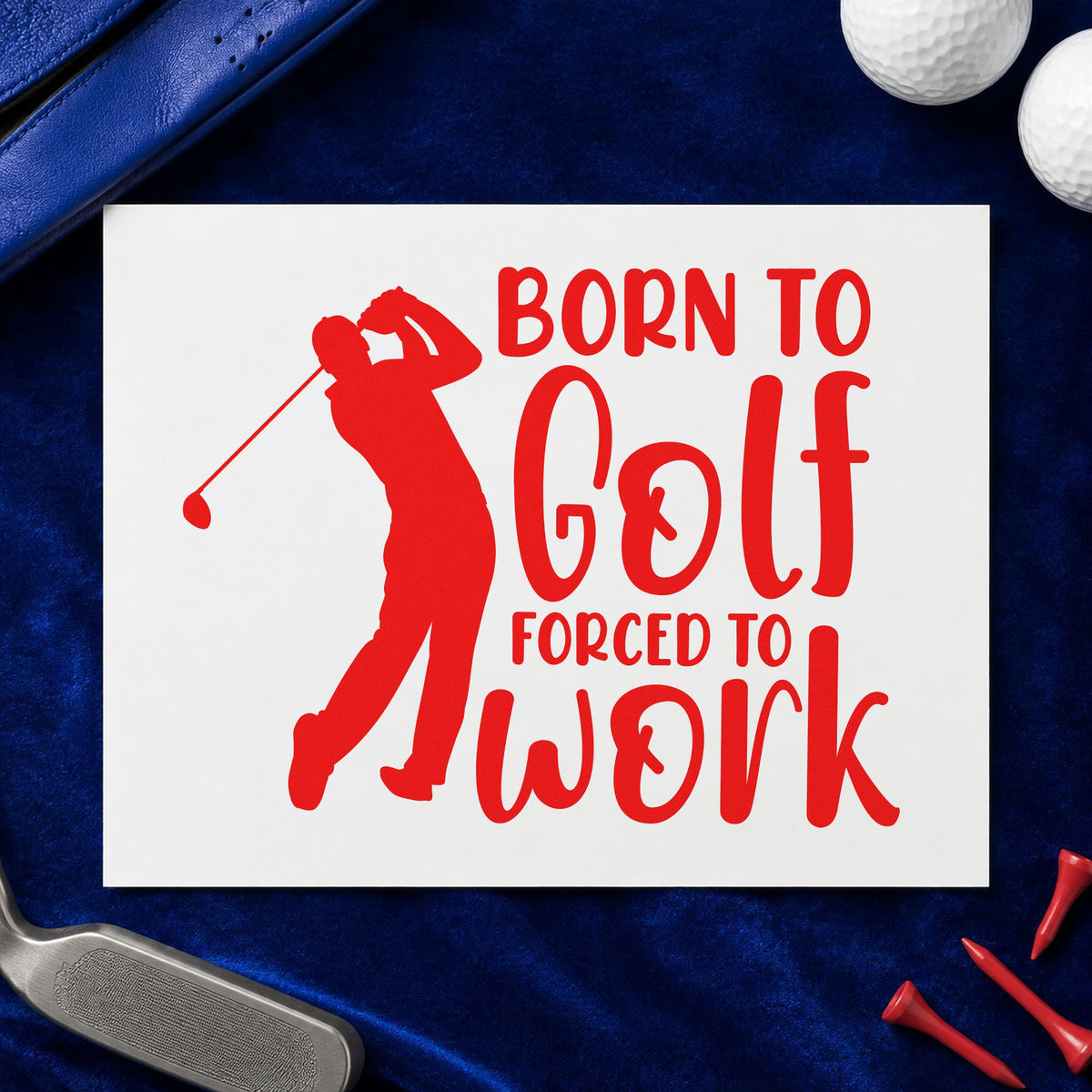 Born Golf Forced Work craft stamp imprint in red ink on a handmade project, one idea being round plan cards.
