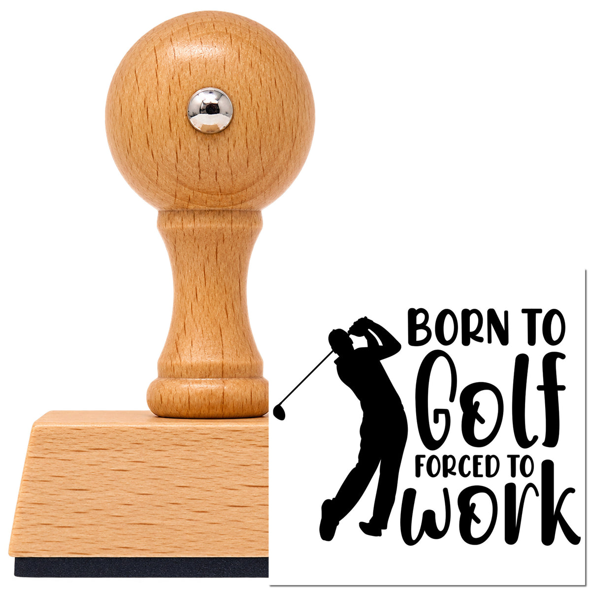 Vintage Pro beech wood stamp with a round knob handle, shown with its black Born Golf Forced Work imprint on white.