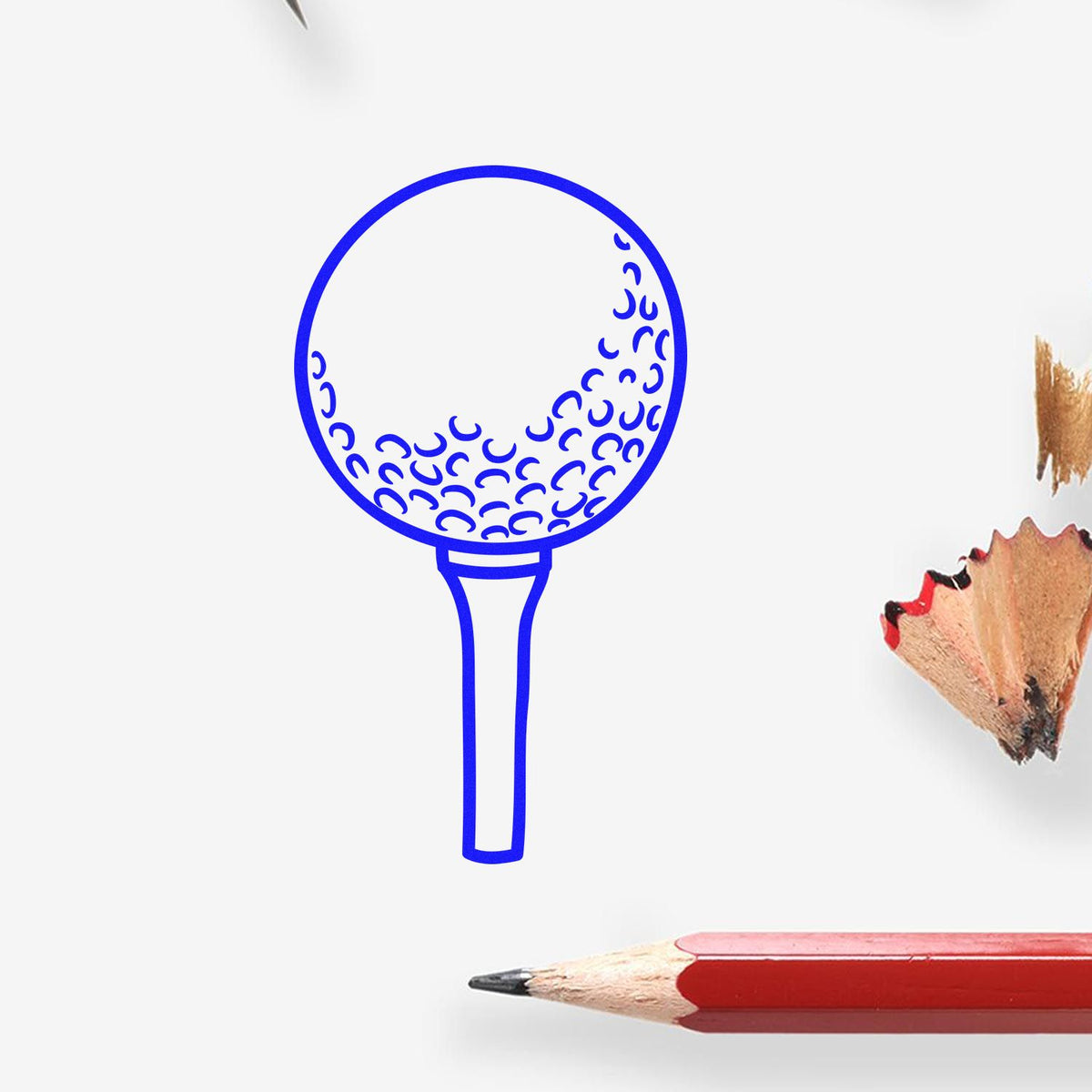 Blue paddle-shaped stamp seal with dotted texture on white background, beside pencil tips.