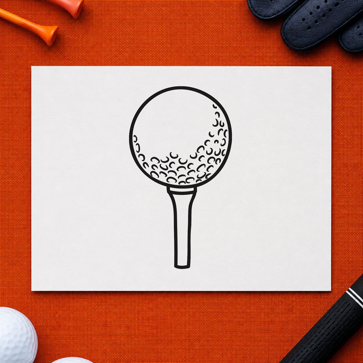 Golf Ball On Tee rubber stamp printed in black ink, ready for slender tee cards and similar paper crafts.