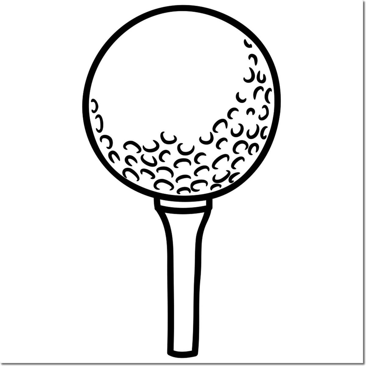 Black golf ball on tee stamp and seal design with dimple pattern, outlined in bold black on white.