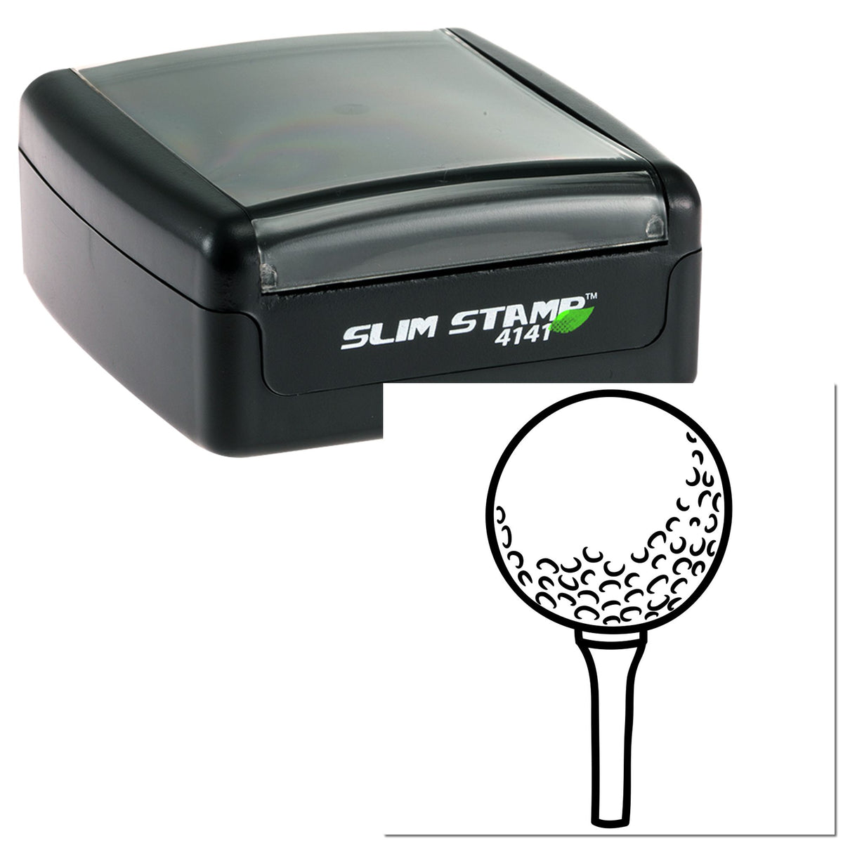 Black Slim Stamp 4141 self-inking stamp with translucent gray cap and golf ball seal impression