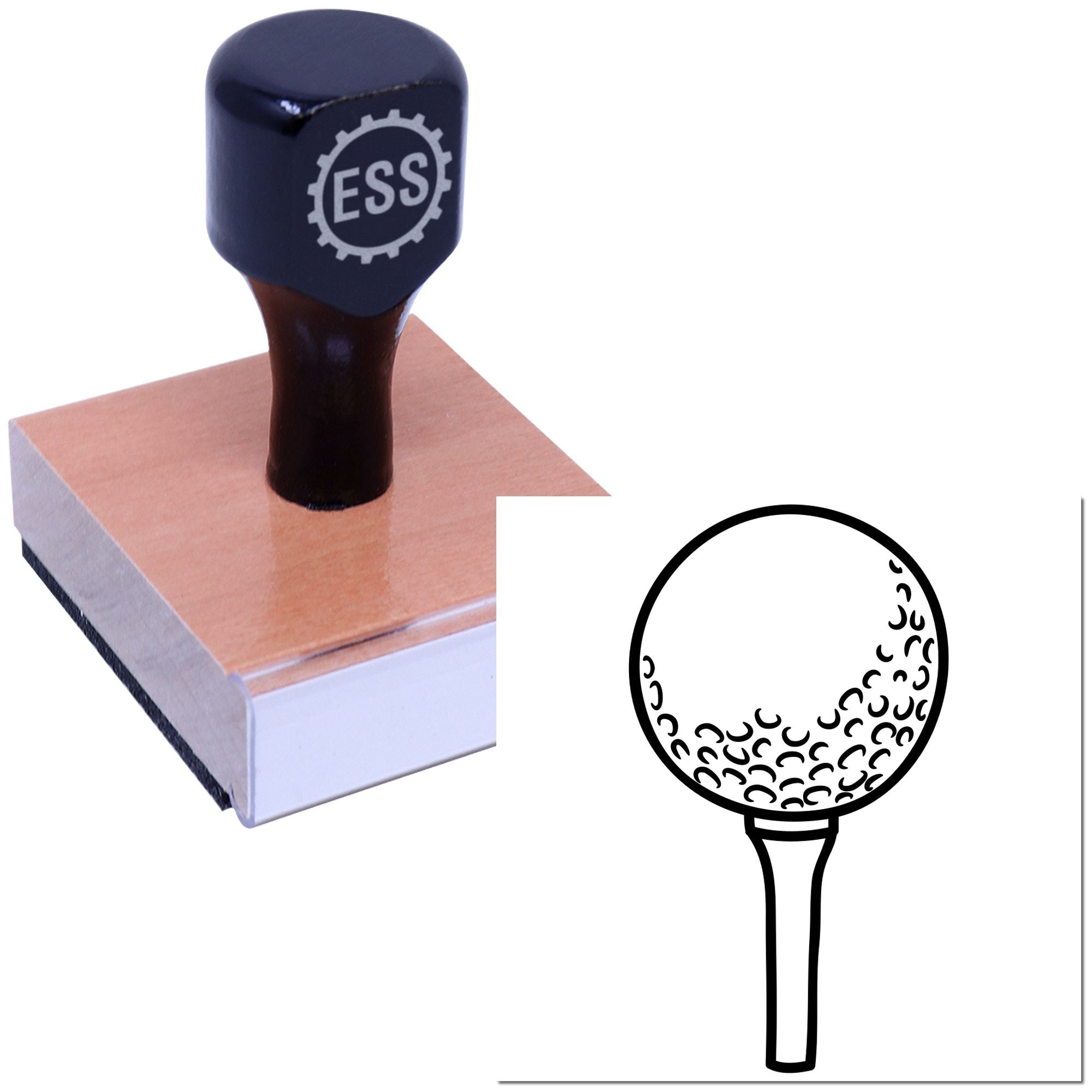 Black ESS rubber stamp on pink wooden block with round seal design illustration and handle on white background