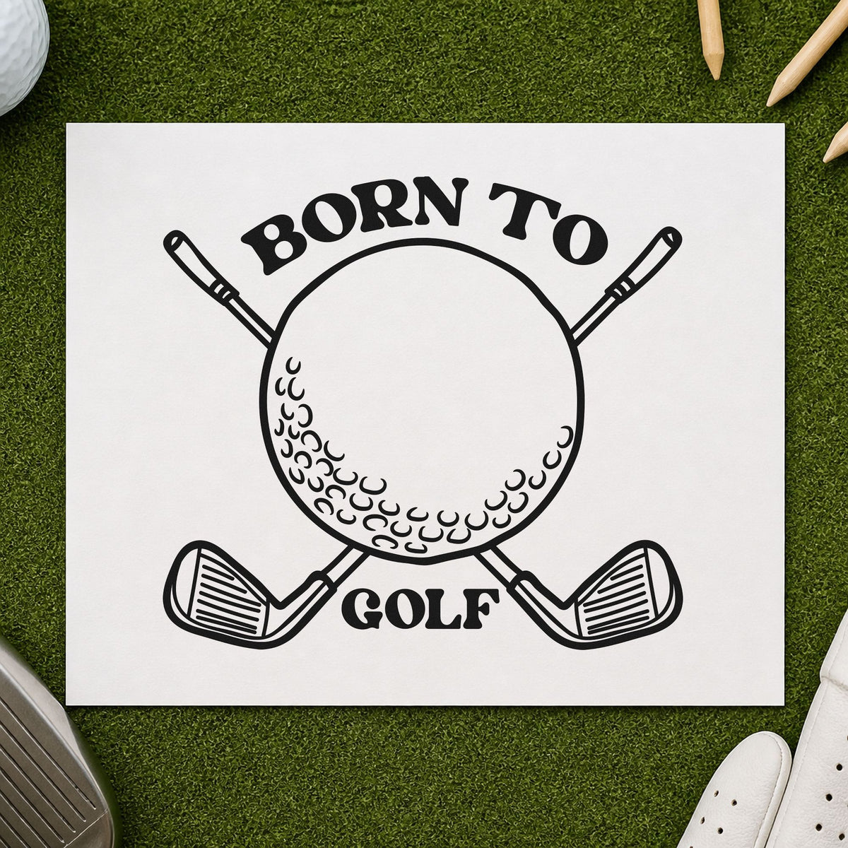 Born To Golf Clubs rubber stamp printed in black ink, ready for crossed club cards and similar paper crafts.