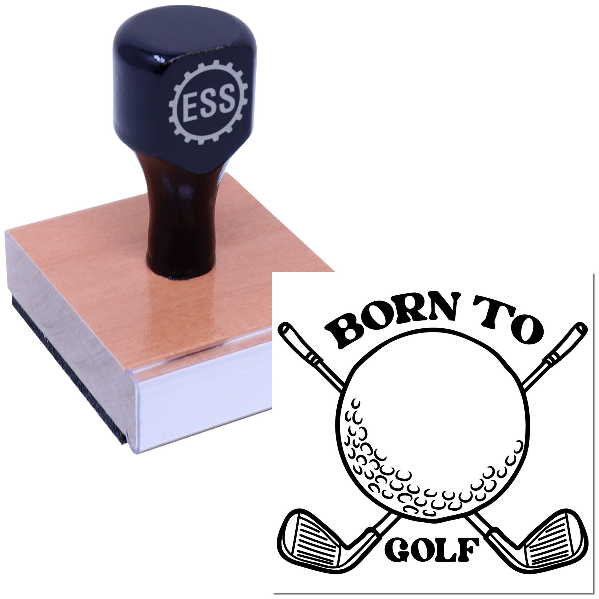 Navy ESSI rubber stamp on pink mounting block with black Born to Golf golf seal design.