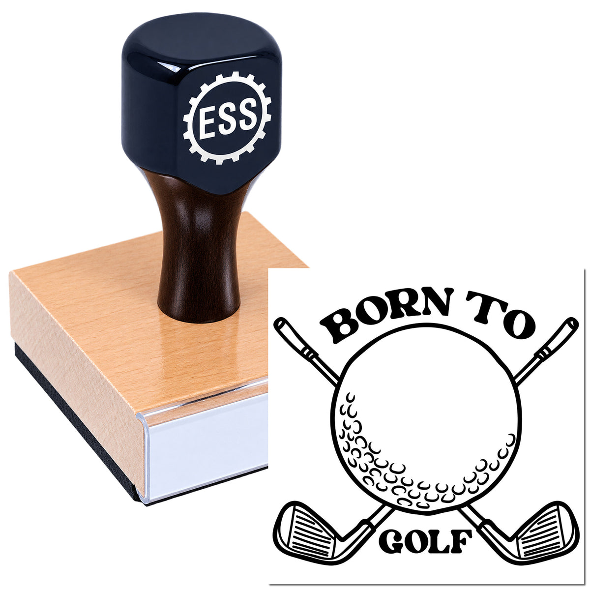 Navy ESSI rubber stamp on pink mounting block with black "Born to Golf" golf seal design.