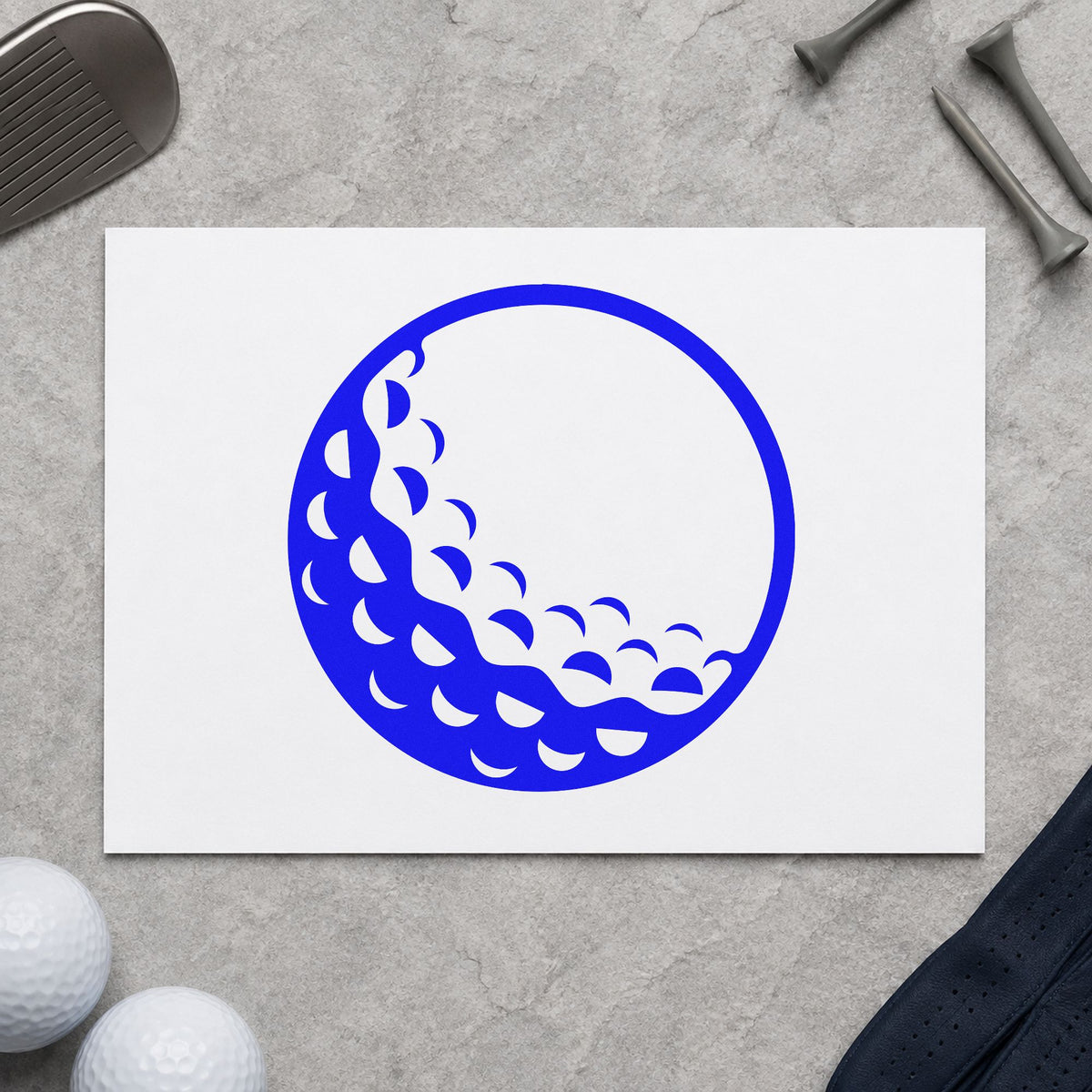 Large Shaded Golf Ball craft stamp in blue ink on cardstock, an easy option for staff visor printing.