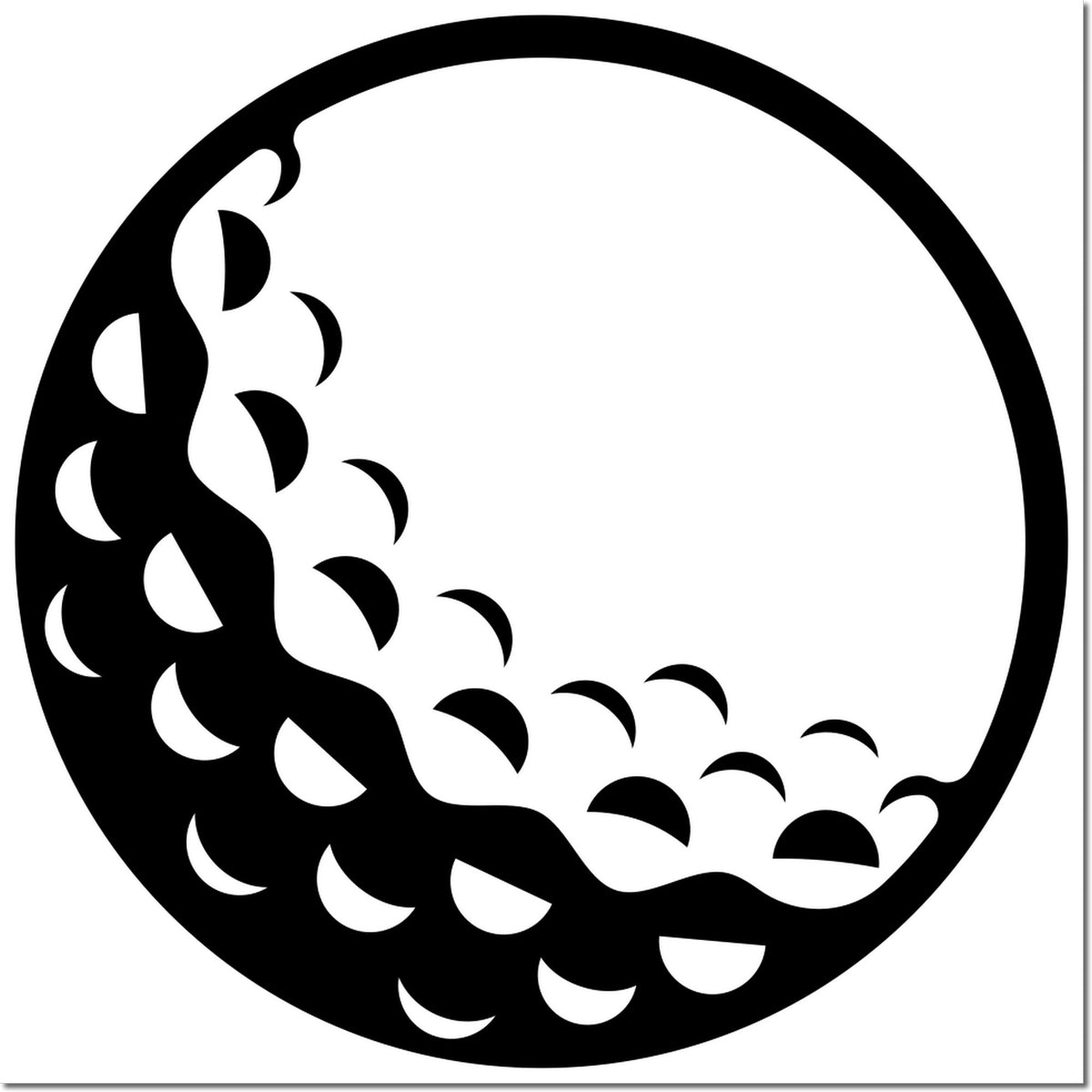 Black circular rubber stamp seal with crescent wave cutout pattern on a white background.