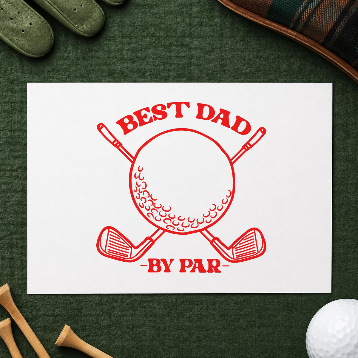 Best Dad By Par craft stamp imprint in red ink on a handmade project, one idea being score keep cards.