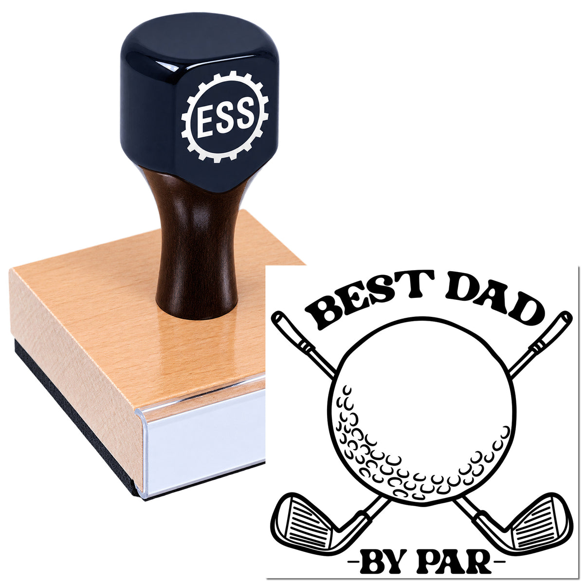 Navy ESS stamp and seal products: copper pad and black-and-white Best Dad golf seal with clubs and ball.