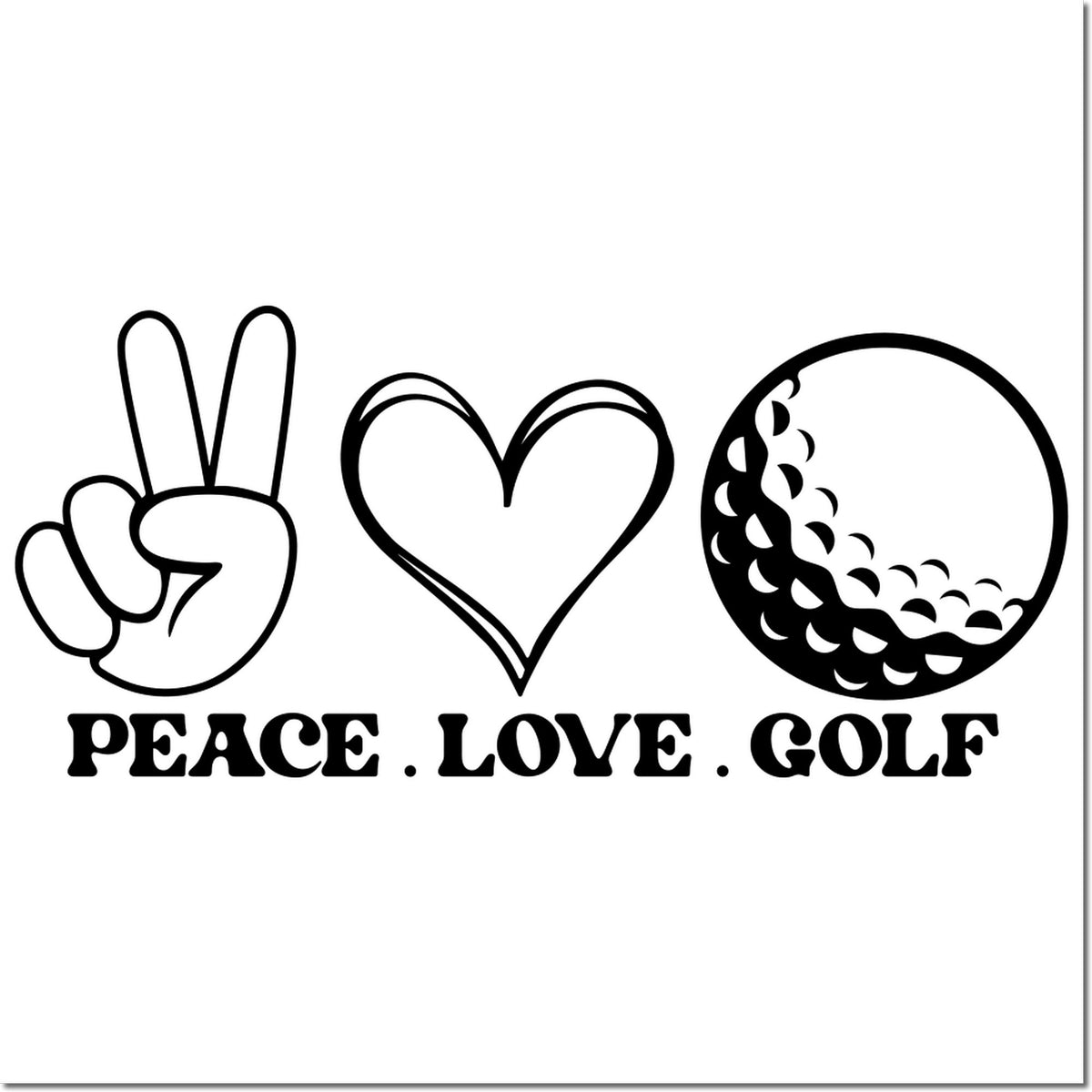 Black peace sign, heart, and golf ball stamp/seal design with PEACE LOVE GOLF text on white background