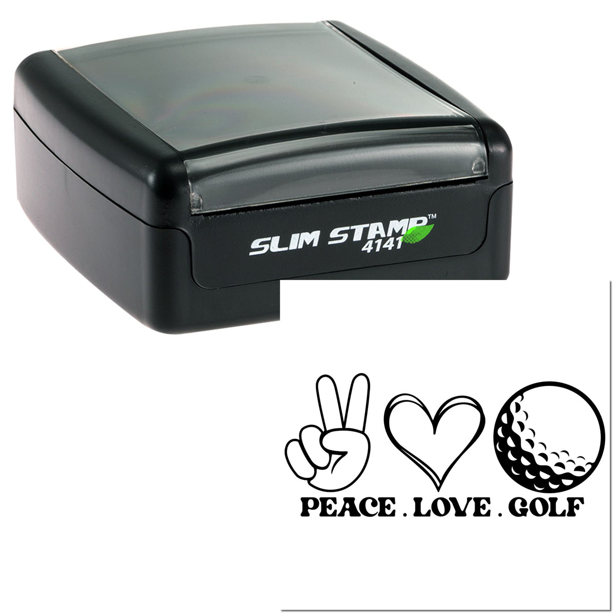 Black Slim Stamp 4141 with translucent gray top and Peace Love Golf seal design featuring peace sign, heart and golf ball