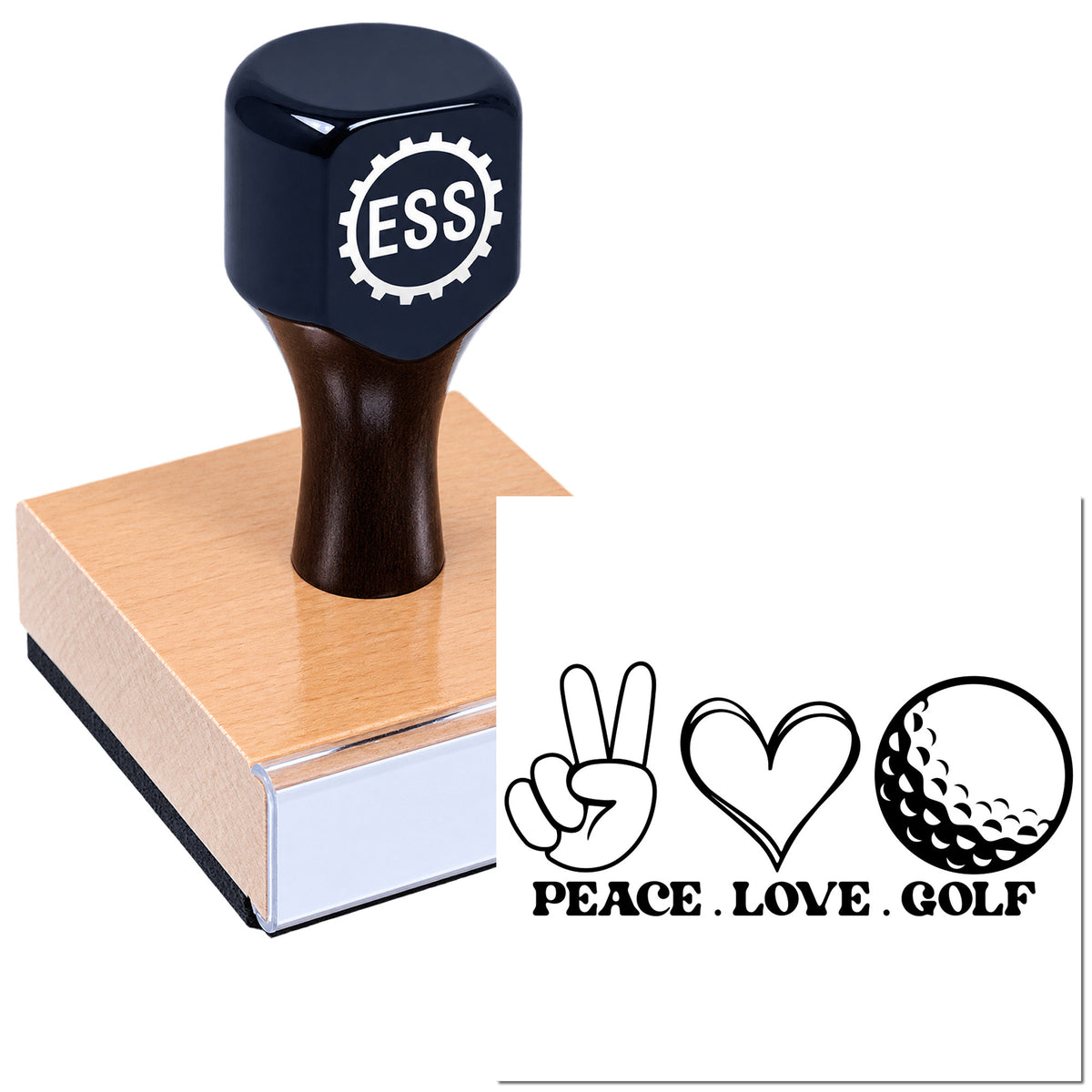 Black custom stamp with wooden base and ESS logo, plus Peace Love Golf seal design on white background.