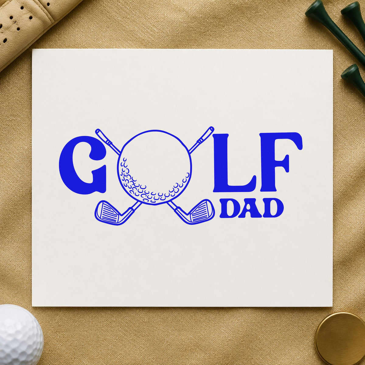 Golf Dad Ball Letter craft stamp in blue ink on cardstock, an easy option for cart cover printing.