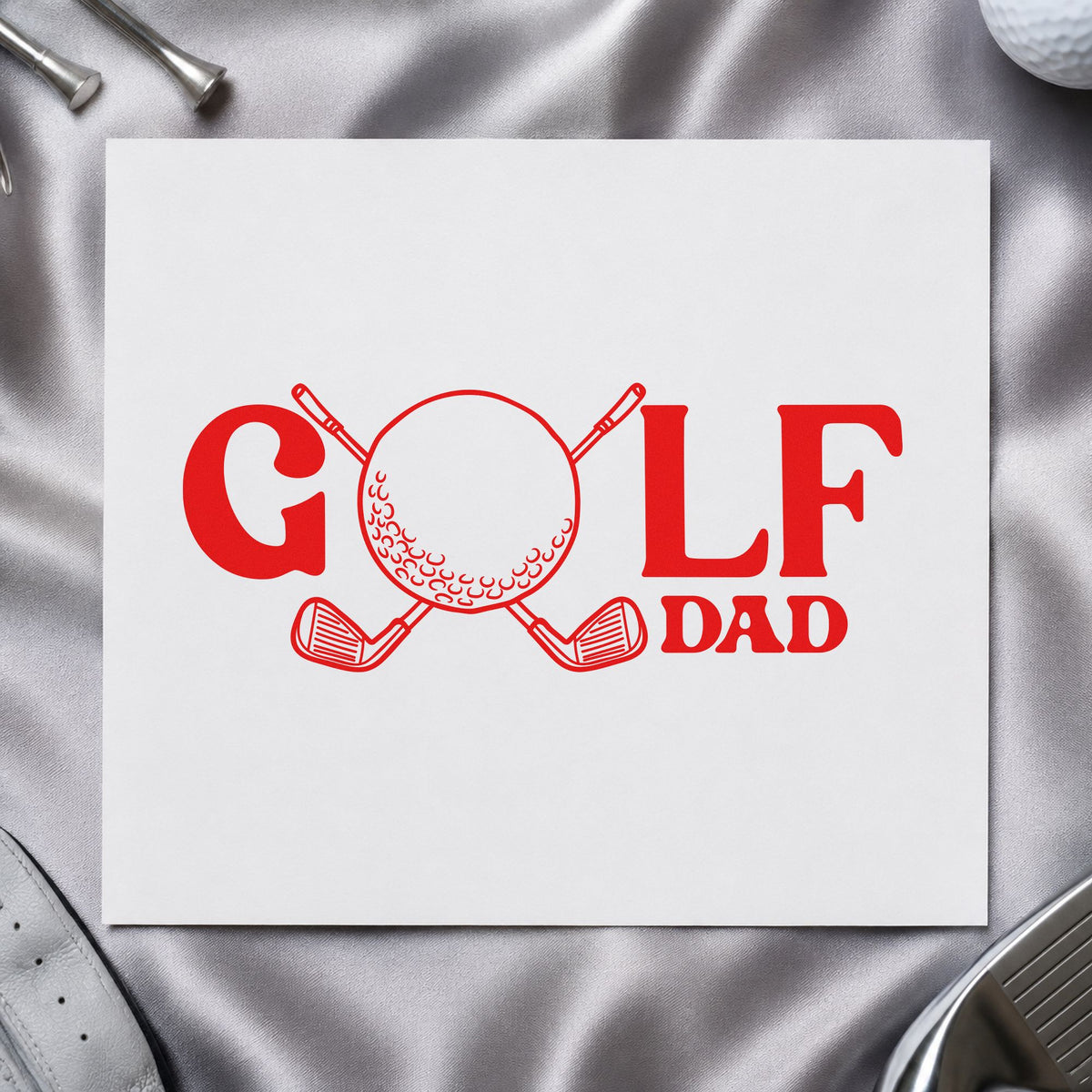 Golf Dad Ball Letter rubber stamp shown in red ink, stamped for projects such as bin tee labels.