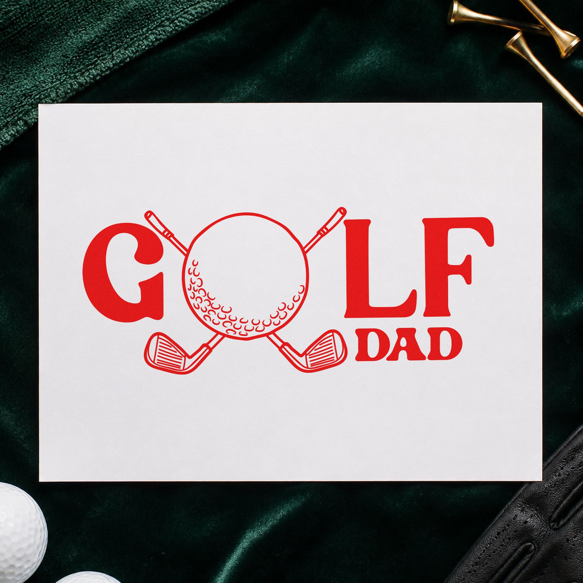 Golf Dad Ball Letter craft stamp imprint in red ink on a handmade project, one idea being rule learn cards.