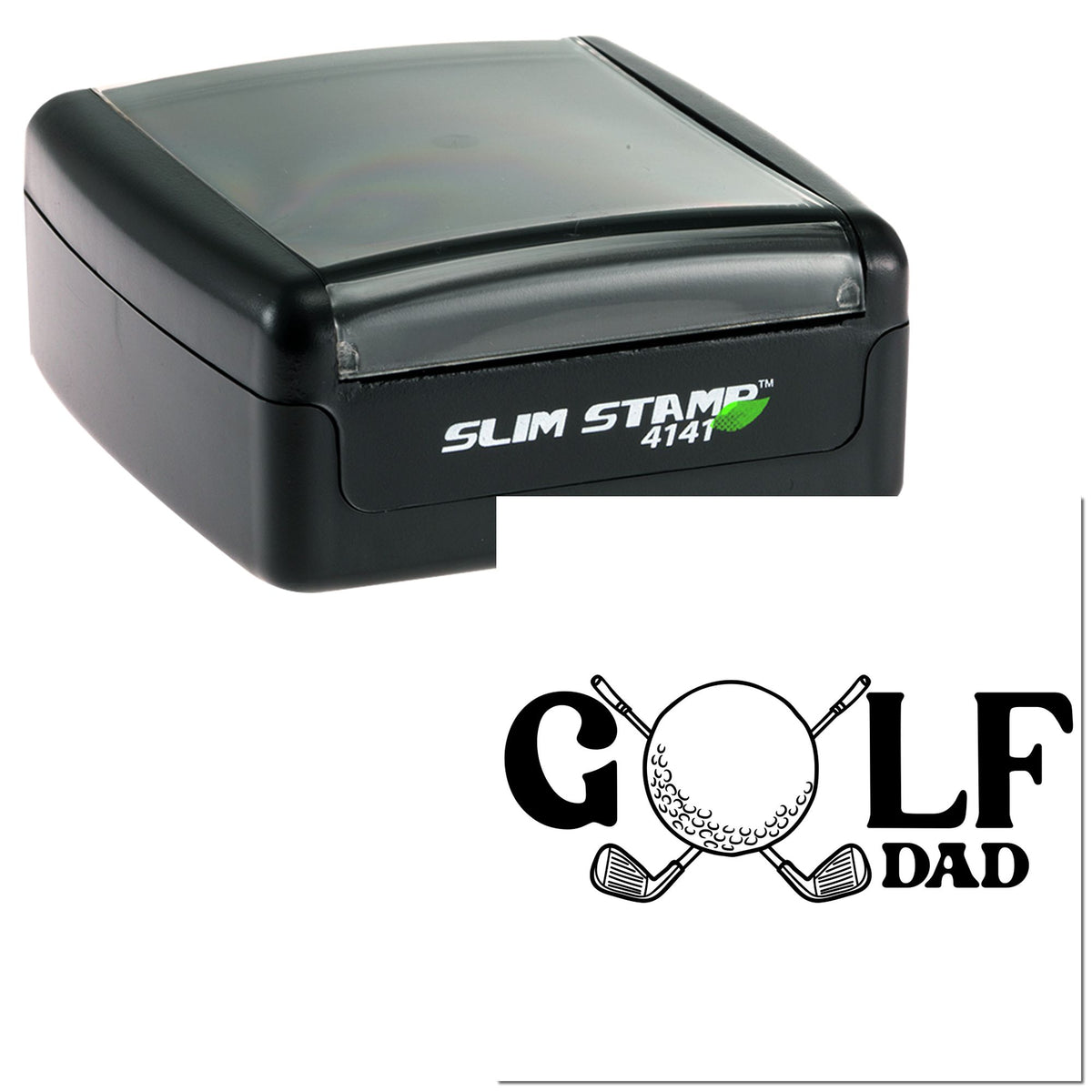 Black Slim Stamp 4141 self-inking stamp and seal with golf dad logo, golf ball, and black text on white background.