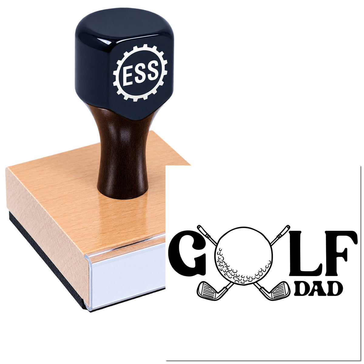 Black golf ball stamp with ESSI logo on a wooden block, plus a black-and-white GOLF DAD golf-themed seal.