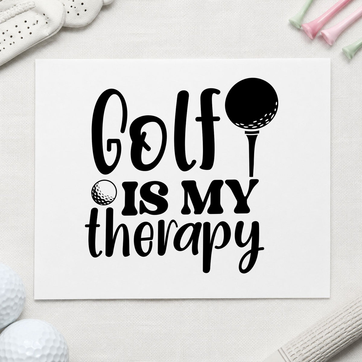Golf Is My Therapy rubber stamp printed in black ink, ready for session log sheet and similar paper crafts.