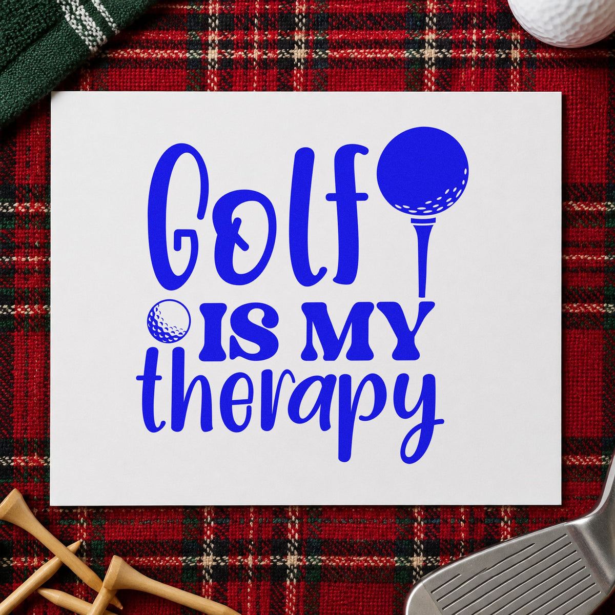 Golf Is My Therapy craft stamp imprinted in blue ink on paper, a design suited to framed range bay.