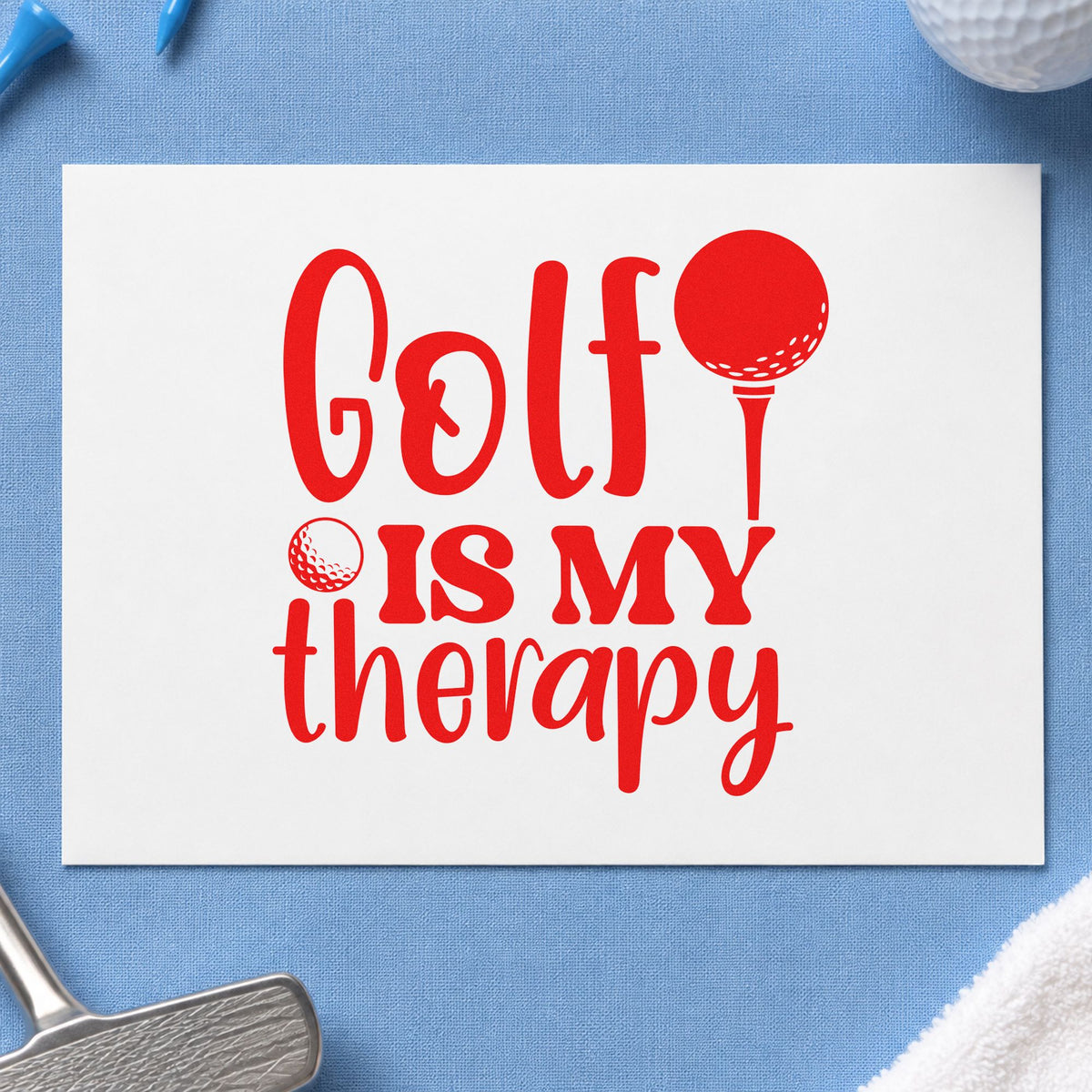 Golf Is My Therapy rubber stamp shown in red ink, stamped for projects such as bin club labels.