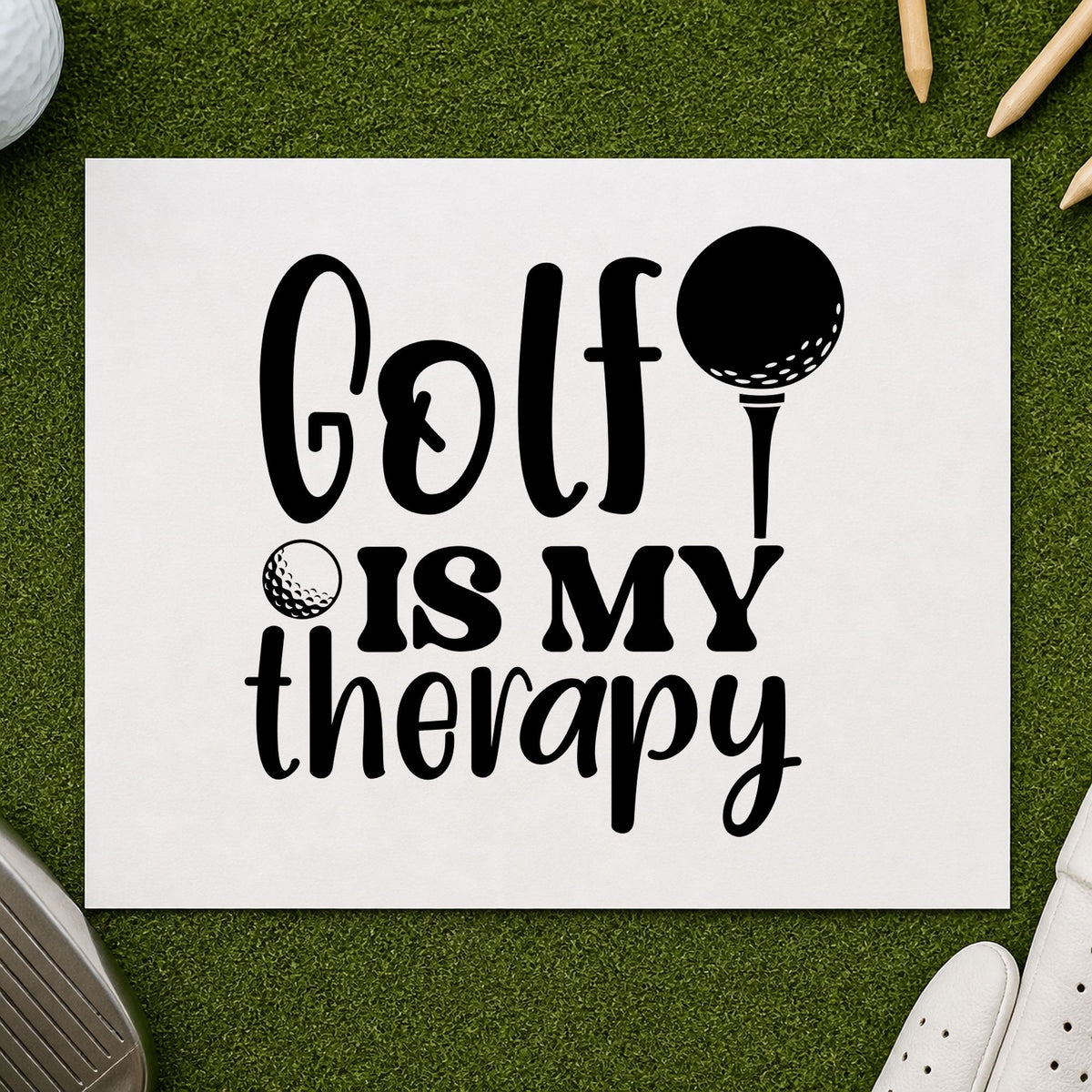 Golf Is My Therapy rubber stamp printed in black ink, ready for ball tee cards and similar paper crafts.