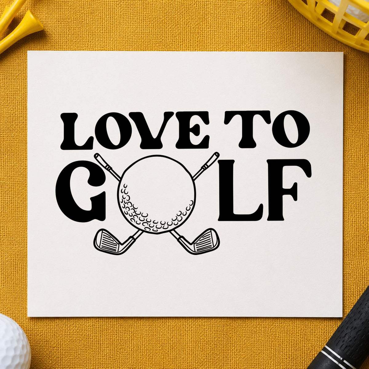 Love To Golf Clubs craft stamp imprint in black ink on a handmade project, one idea being matching kit tags.