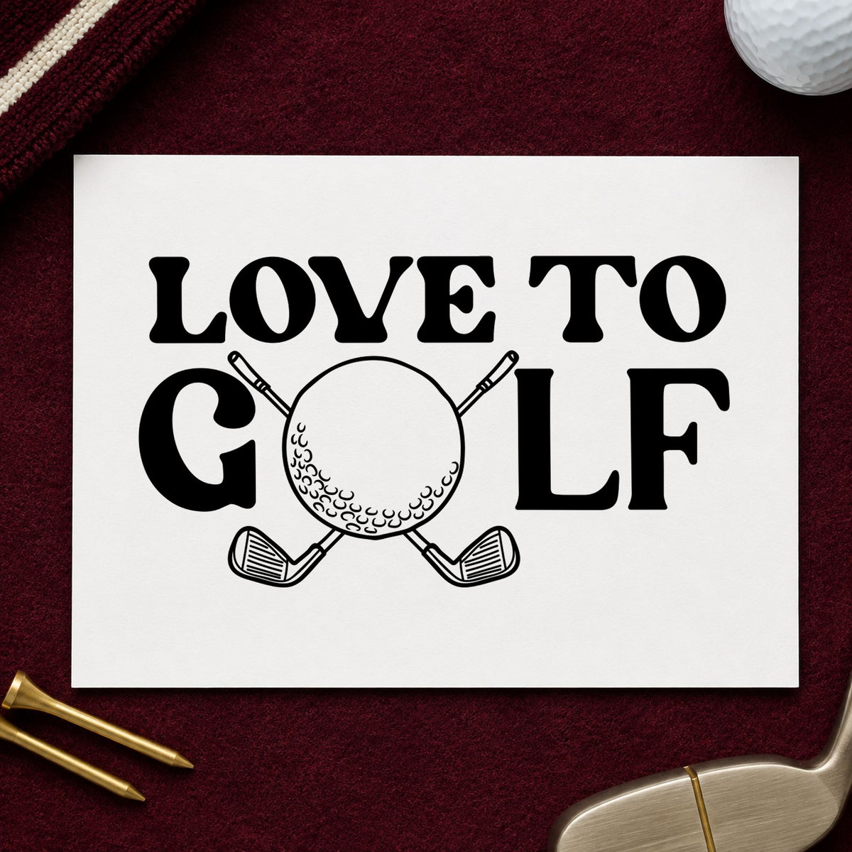Love To Golf Clubs rubber stamp printed in black ink, ready for round book sheet and similar paper crafts.