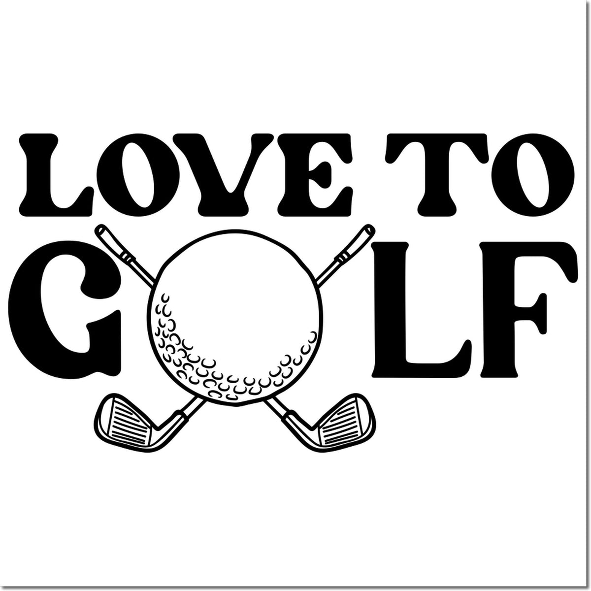Black golf stamp and seal design with crossed clubs forming the O, on a white background.