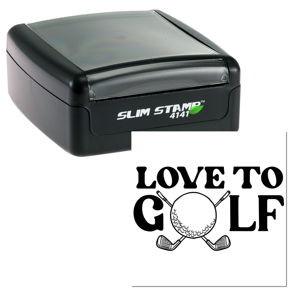 Gray-and-black Slim Stamp 4141 self-inking stamp beside a black Love to Golf seal with golf ball and clubs.