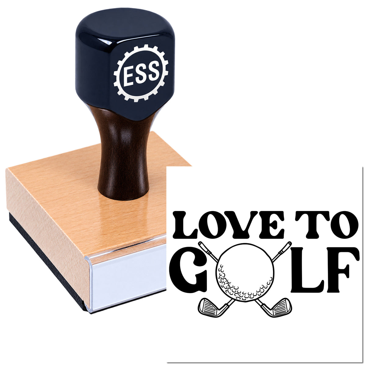 Black ESS rubber stamp with copper seal block, imprinting Love to Golf golf ball and clubs design