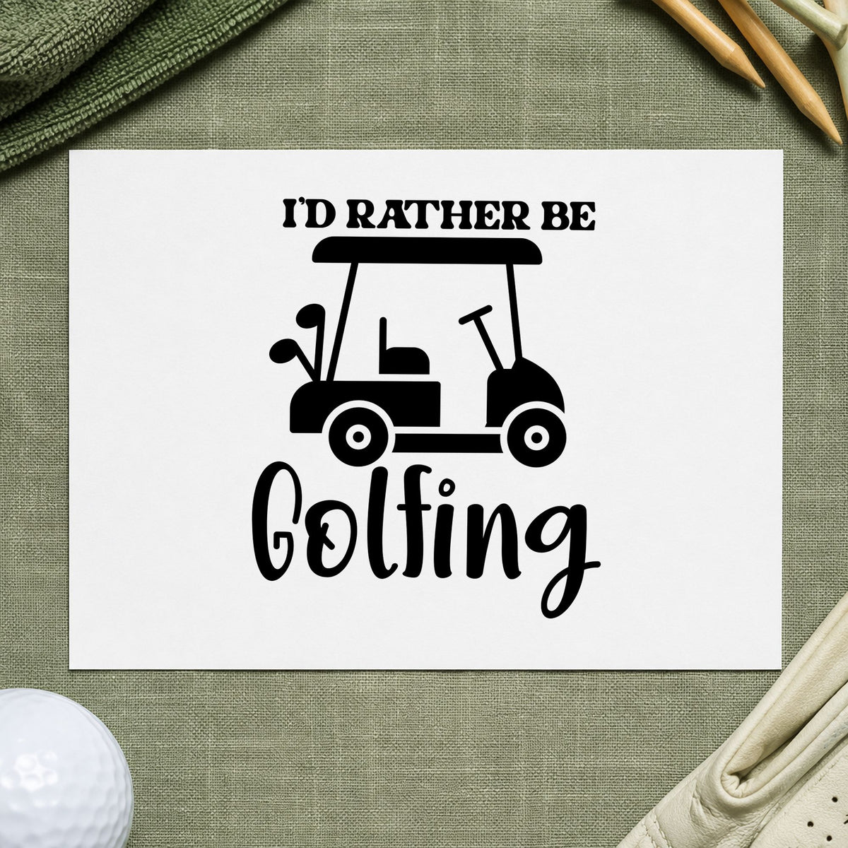 Rather Be Golfing Cart craft stamp in black ink on cardstock, an easy option for parade album page.