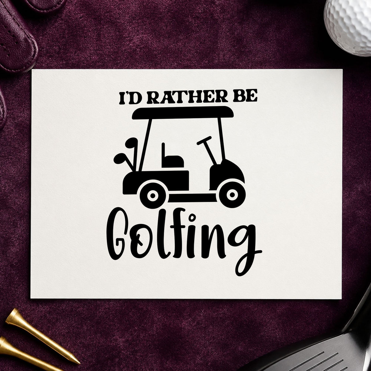 Rather Be Golfing Cart craft stamp imprint in black ink on a handmade project, one idea being decor kit gift tags.