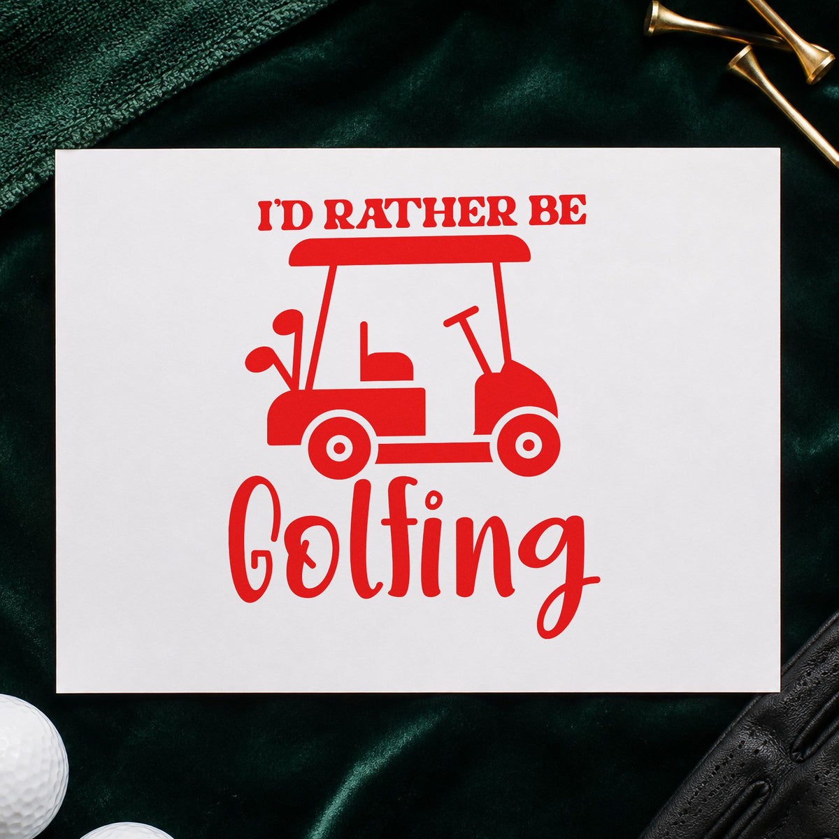 Rather Be Golfing Cart craft stamp imprint in red ink on a handmade project, one idea being route map cards.