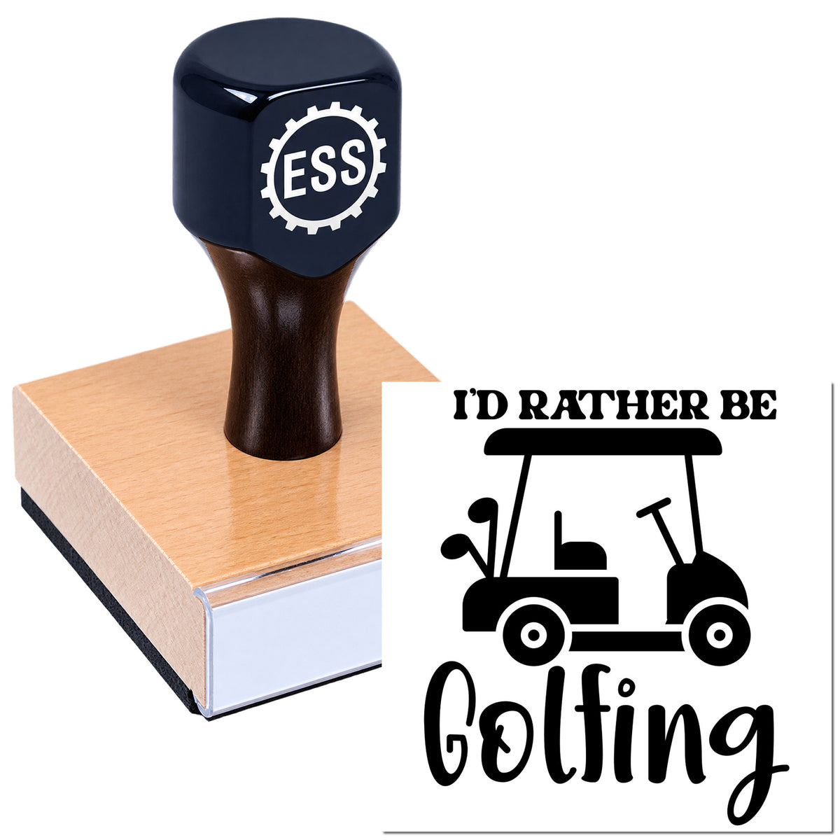 Black rubber stamp and seal on pink pad with "I'd rather be golfing" text and golf cart graphic.