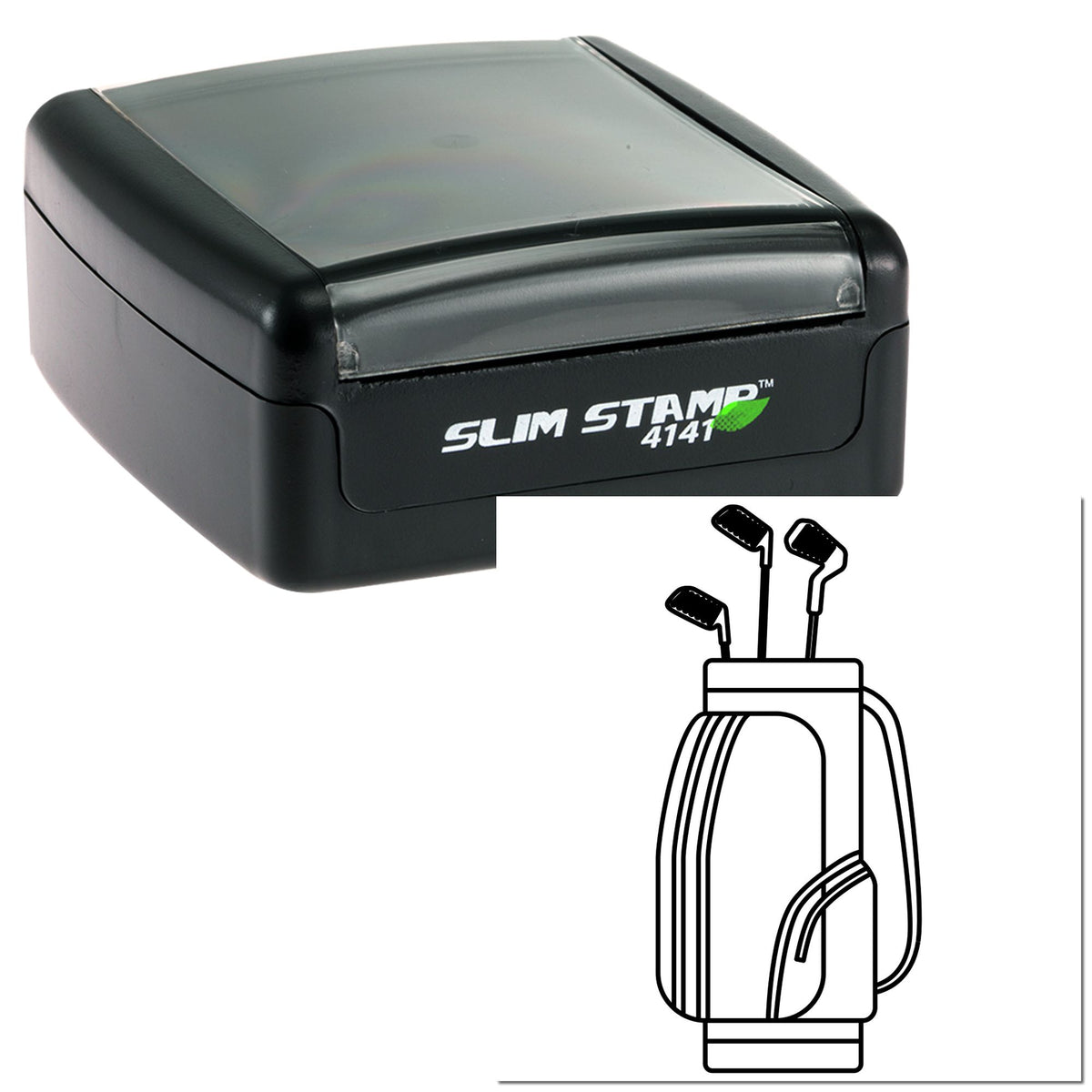 Black Slim Stamp 4141 self-inking stamp, black with gray clear top and green leaf logo, plus seal handle illustration.