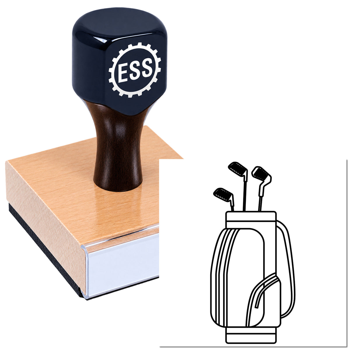 Black ESS stamp and seal product on a copper-colored block, with a matching black outline logo.
