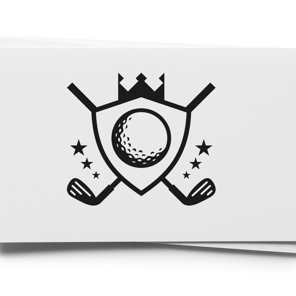 Black golf stamp and seal logo with shield, crown, crossed clubs, stars, and a golf ball on white paper.