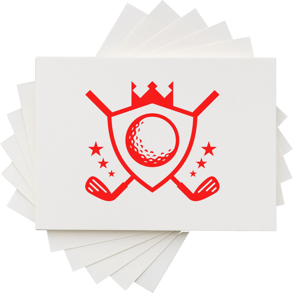 White stamp and seal cards with a red golf crest, crossed clubs, ball, and stars on a clean white background.