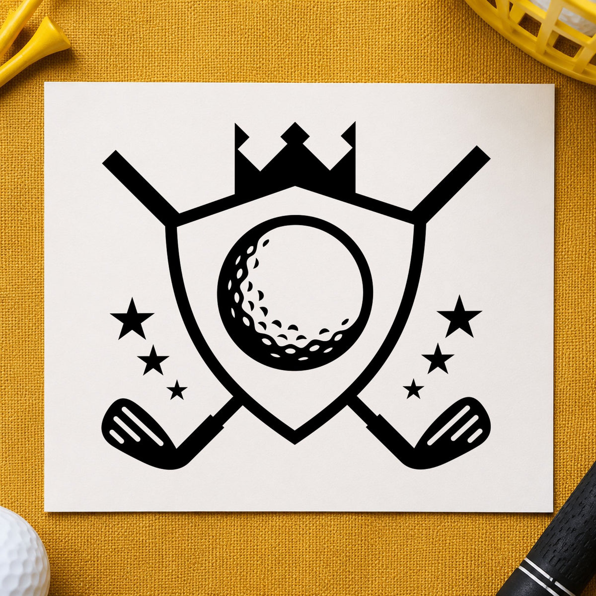 Crowned Golf Shield Emblem craft stamp imprint in black ink on a handmade project, one idea being winner gift tags.