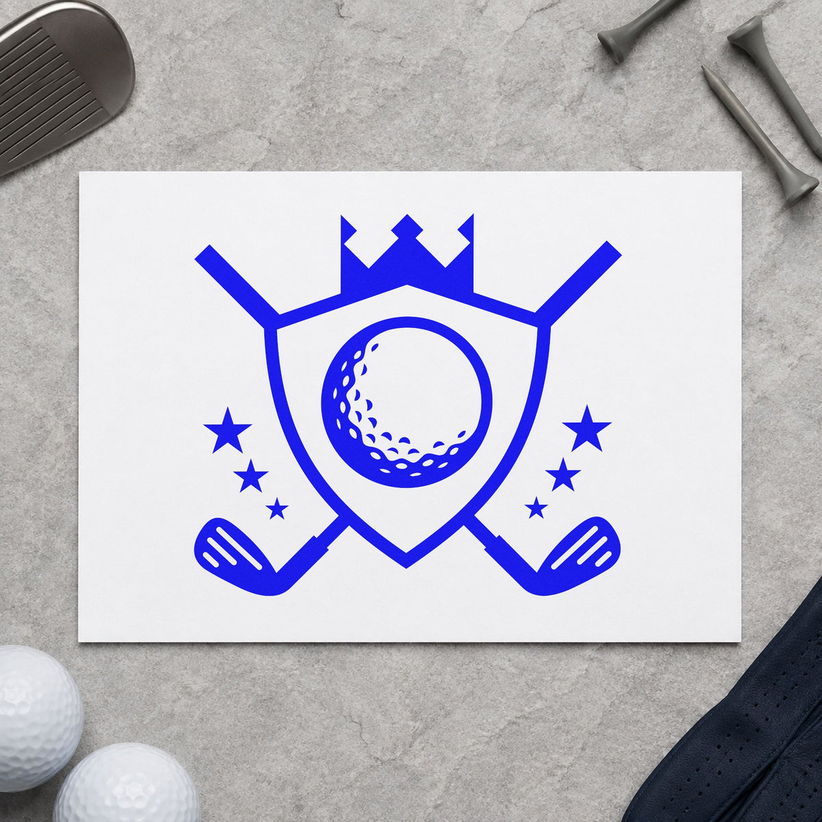 Crowned Golf Shield Emblem craft stamp in blue ink on cardstock, an easy option for course banner printing.
