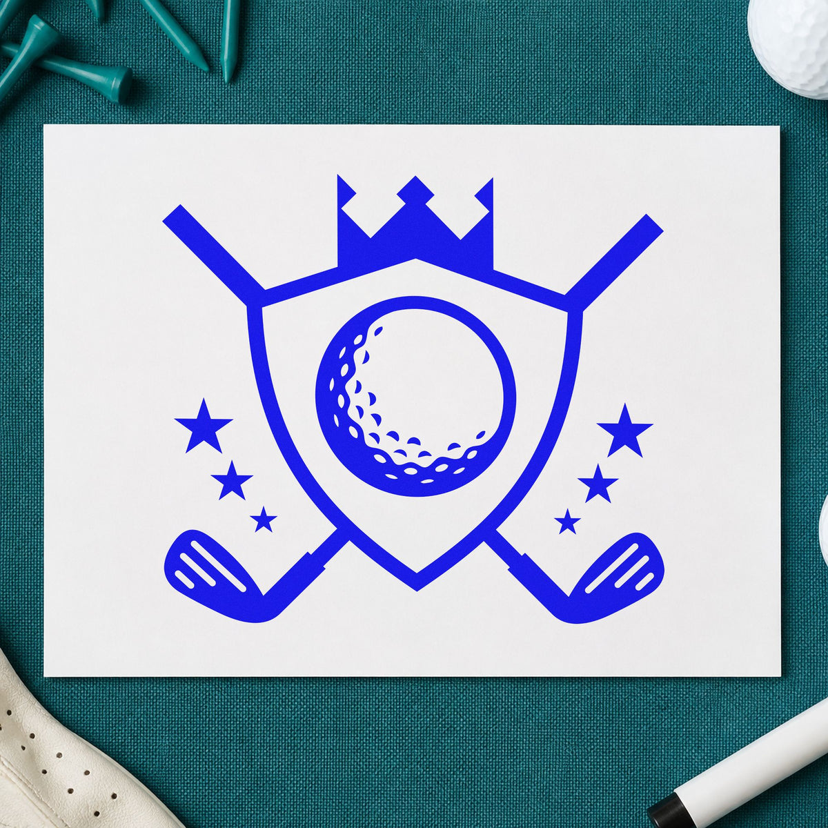 Crowned Golf Shield Emblem craft stamp imprinted in blue ink on paper, a design suited to framed honors board.