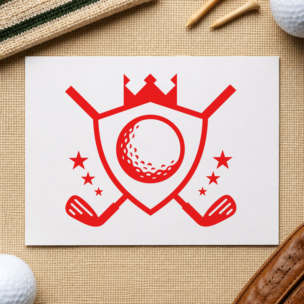 Crowned Golf Shield Emblem rubber stamp shown in red ink, stamped for projects such as bin trophy labels.