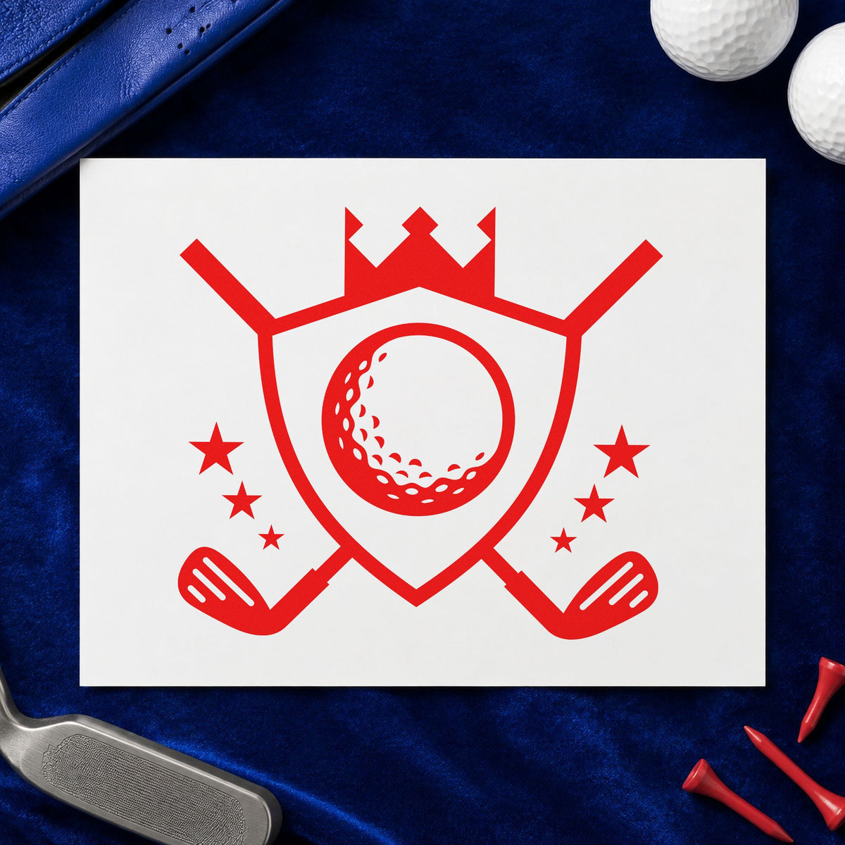 Crowned Golf Shield Emblem craft stamp imprint in red ink on a handmade project, one idea being champion note cards.