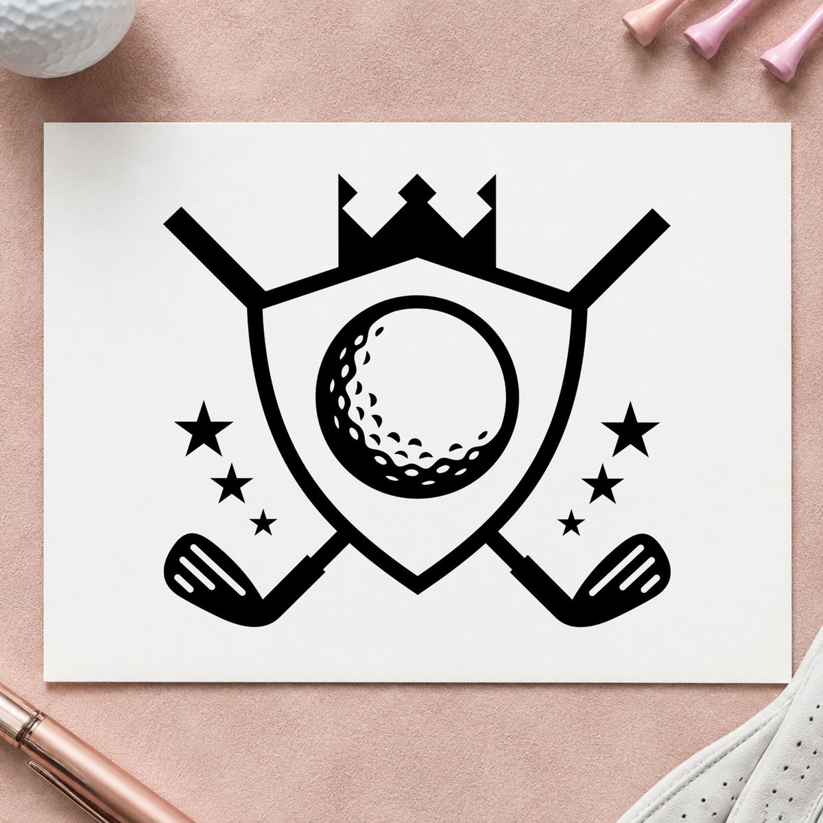 Crowned Golf Shield Emblem rubber stamp printed in black ink, ready for crowned shield cards and similar paper crafts.