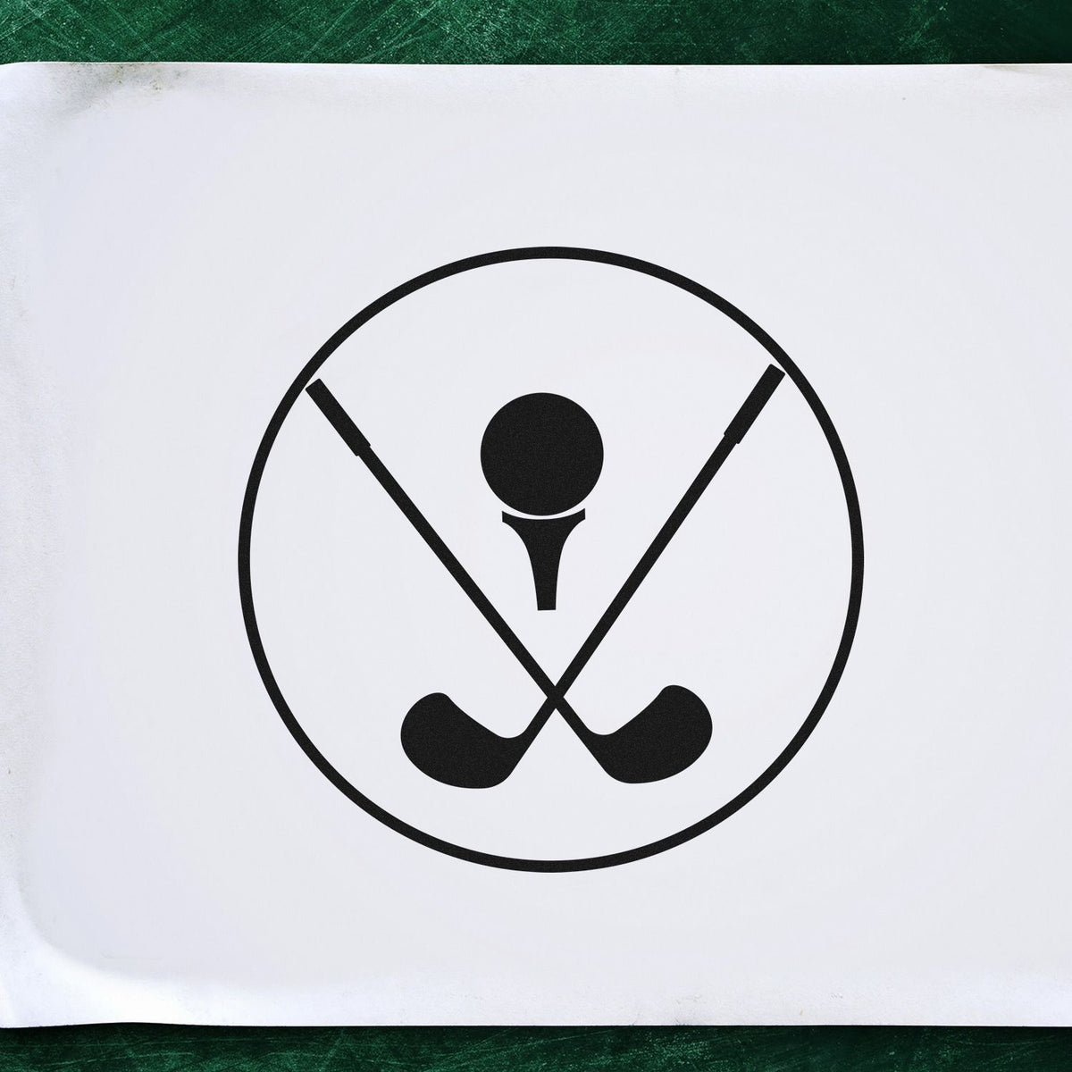 Black golf stamp seal with crossed clubs and ball inside a circle on white paper